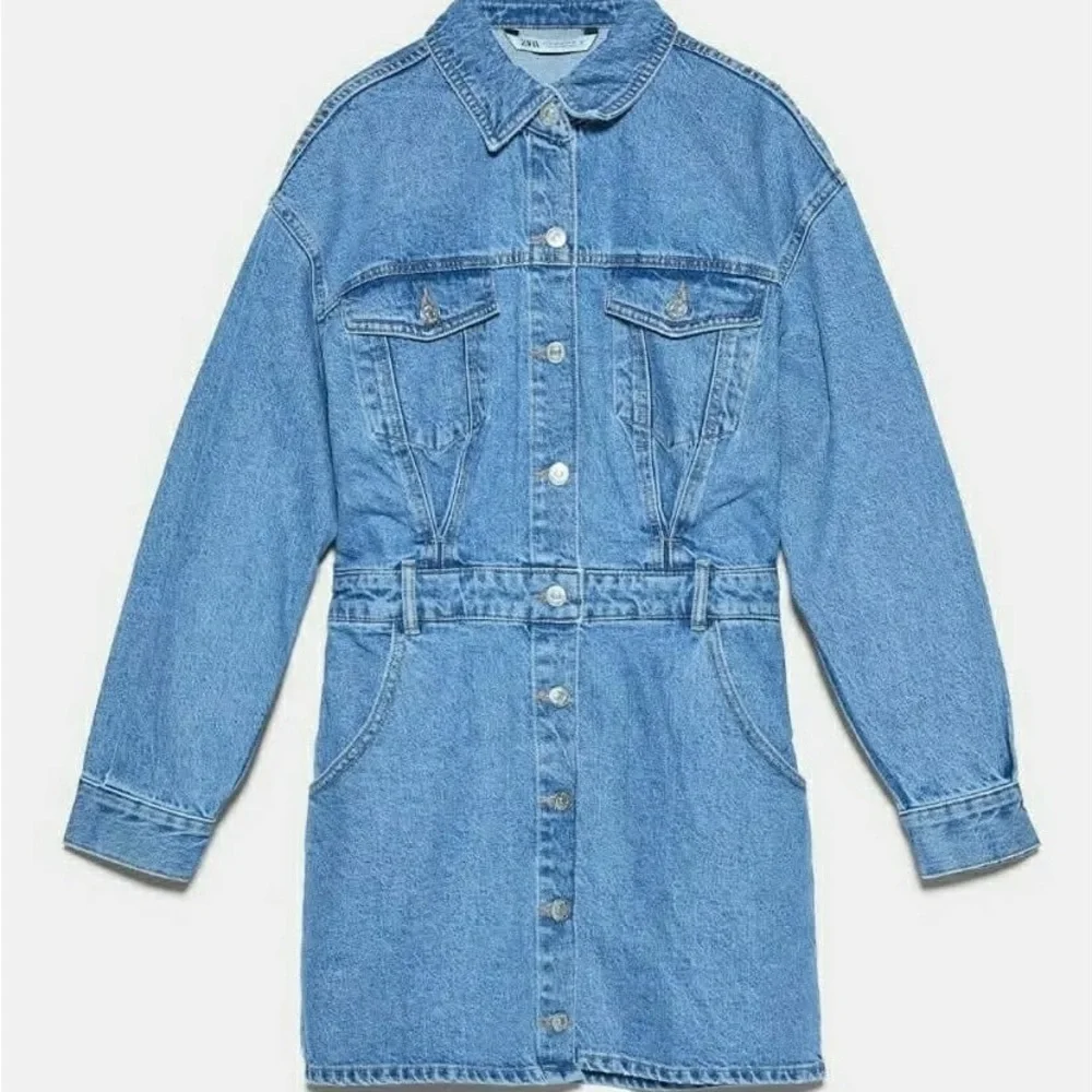 Zara Blue Denim Button-Front Mini Dress Jacket - Picture 6 of 8